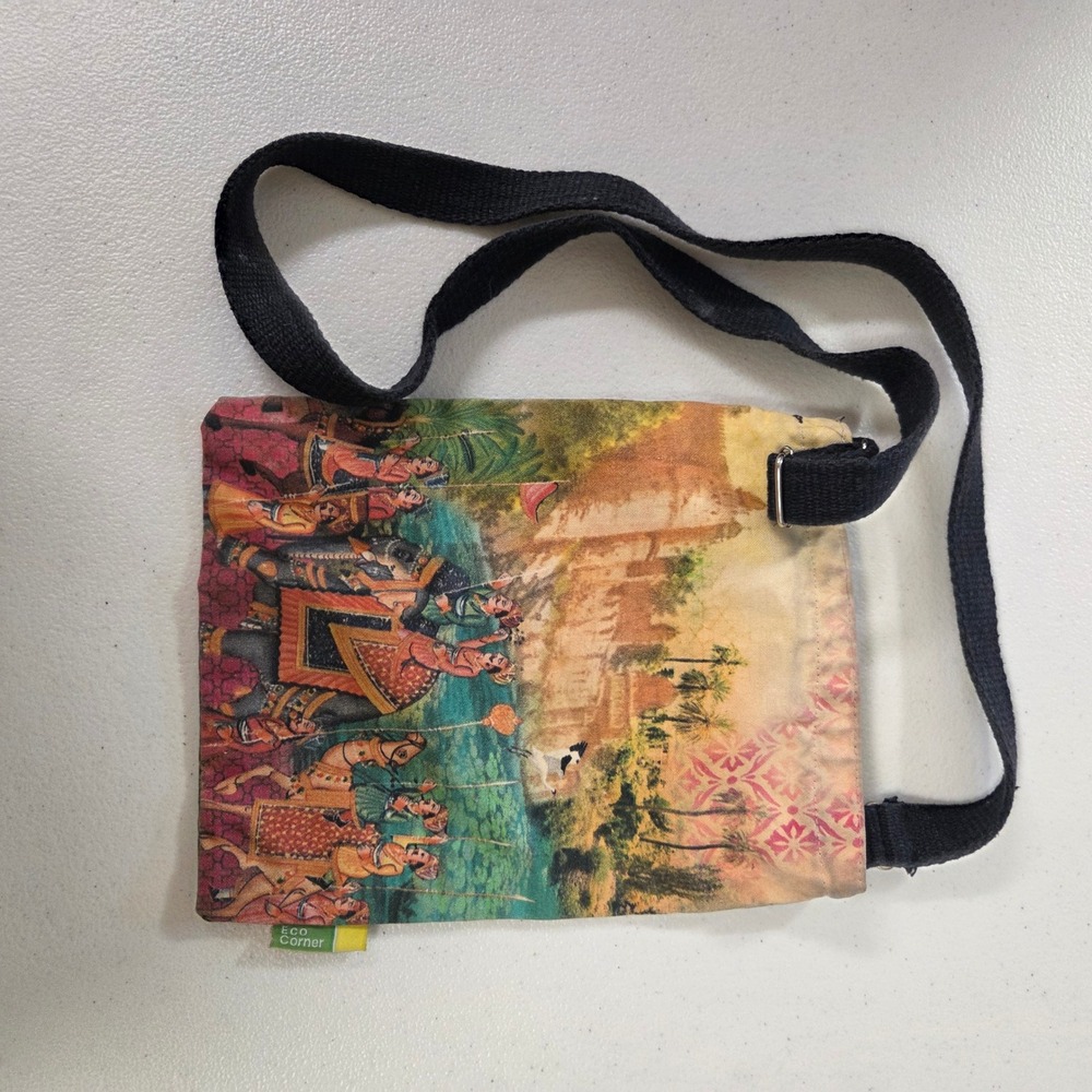 Eco Corner Canvas Crossbody Bag Indian Mughal Elephant Art Multicolor Small